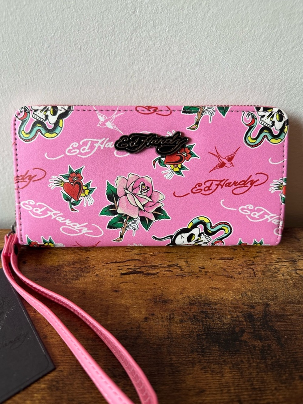 Ed Hardy Pink Tattoo-Print Wristlet Zip Around Wallet with Roses and Skulls NWT